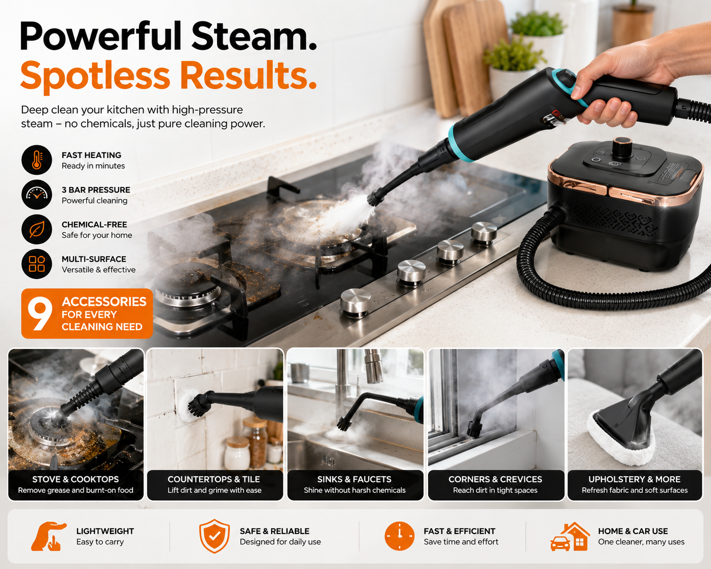 Handheld Pressurized Steam Cleaner with 9 Accessories – Multi-Surface Cleaning